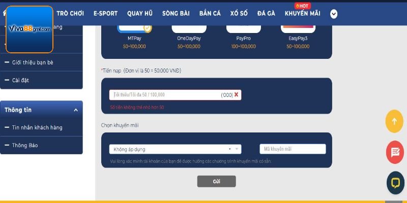 Tạo lệnh nạp tiền Viva88 siêu đơn giản
